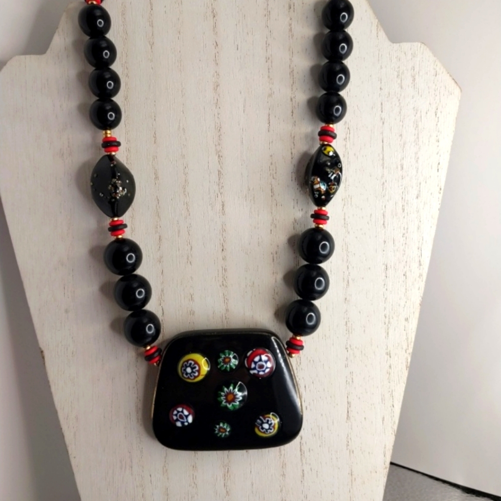 Vintage Japan Black Glass Handpainted Bead Chunky Necklace 30"